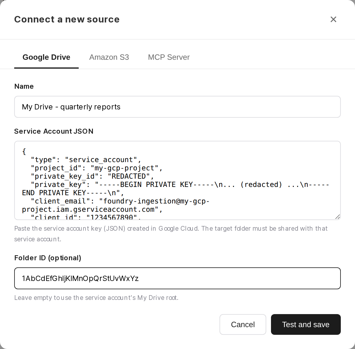 Google Drive source connection dialog