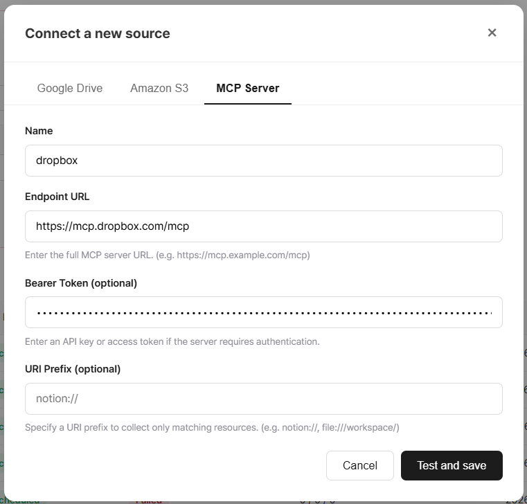 Dropbox MCP source connection example