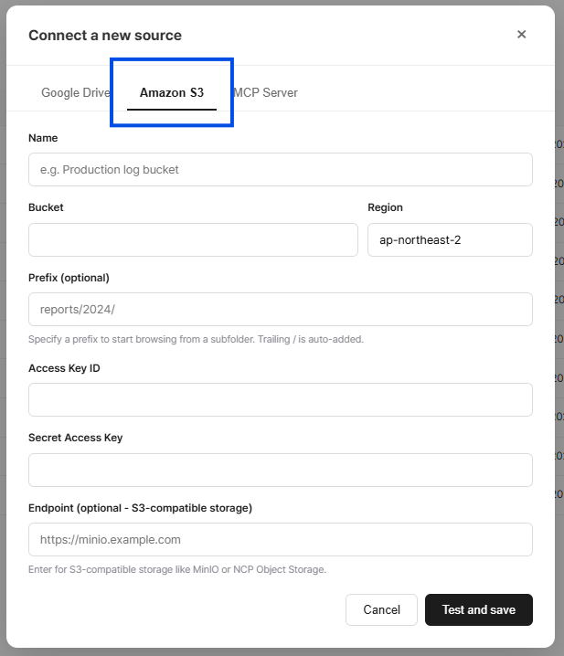 S3 source connection dialog